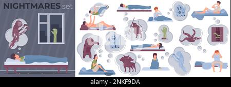 Incubi composizione piatta insieme con timori notturni e la gente che si sveglia nel sudore freddo isolato illustrazione del vettore Illustrazione Vettoriale