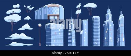 Ghiaccio neve sfondo moderno della città con elementi isolati di edifici e alberi paesaggio urbano in illustrazione vettore neve Illustrazione Vettoriale