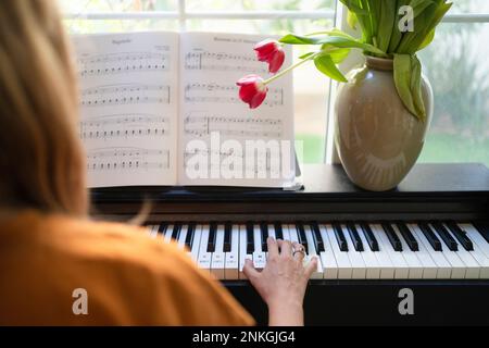 Donna che suona il pianoforte nel soggiorno di casa Foto Stock