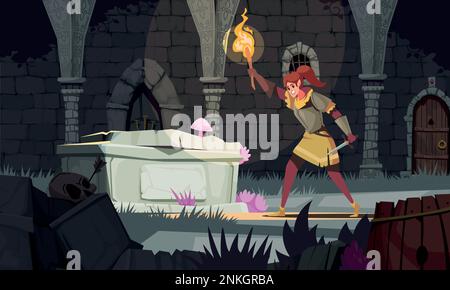Dungeon cartone animato concetto con guerriero femminile con torcia in castello medievale vettore illustrazione Illustrazione Vettoriale