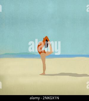 Illustrazione di una giovane donna che pratica yoga sulla spiaggia di sabbia Foto Stock