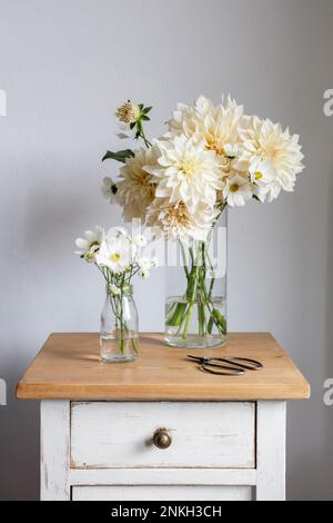 Boccette di fiori bianchi di stagione sul comodino Foto Stock