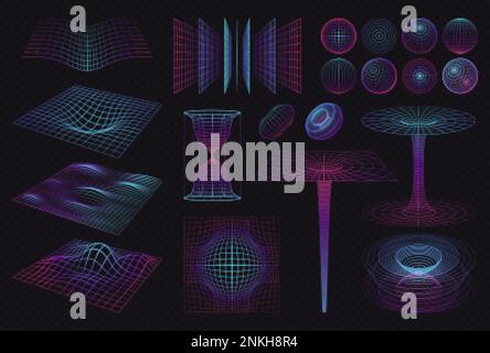 set di 3d forme con griglie illuminanti colorate al neon isolate onde e schemi di spettro su sfondo scuro illustrazione vettoriale Illustrazione Vettoriale