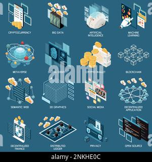 Tecnologia Web 3,0 icone isometriche con criptovaluta e simboli metaverse illustrazione vettoriale isolata Illustrazione Vettoriale