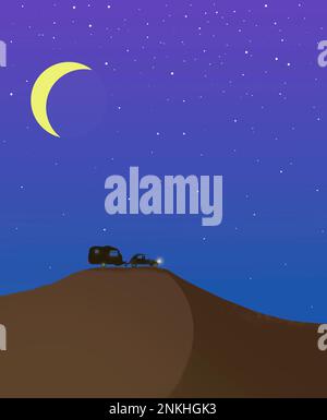 Illustrazione di una luna crescente che risplana sull'auto con un camper che guida attraverso il deserto Foto Stock