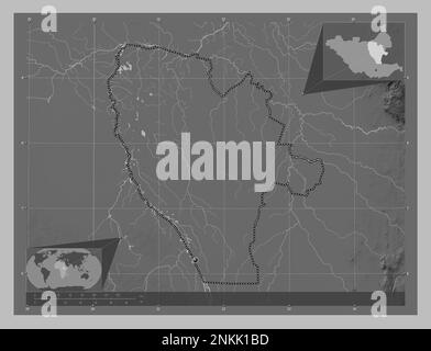 Jonglei, stato del Sudan del Sud. Mappa in scala di grigi con laghi e fiumi. Mappe delle posizioni ausiliarie degli angoli Foto Stock