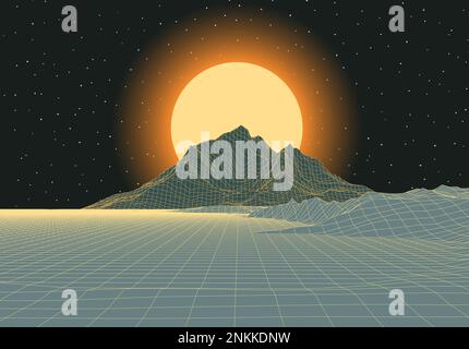 Paesaggio futuristico retrò con montagne e sole nello spazio profondo. paesaggio in stile anni 80s con alba sul pianeta alieno. Illustrazione Vettoriale