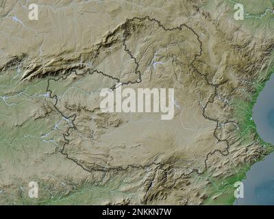 Castilla-la Mancha, comunità autonoma della Spagna. Mappa dell'altitudine colorata in stile wiki con laghi e fiumi Foto Stock
