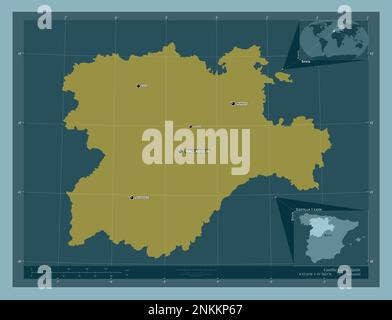 Castilla y Leon, comunità autonoma della Spagna. Forma a tinta unita. Località e nomi delle principali città della regione. Mappe delle posizioni ausiliarie degli angoli Foto Stock