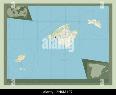 Isole Balneari, comunità autonoma della Spagna. Aprire la mappa stradale. Mappe delle posizioni ausiliarie degli angoli Foto Stock