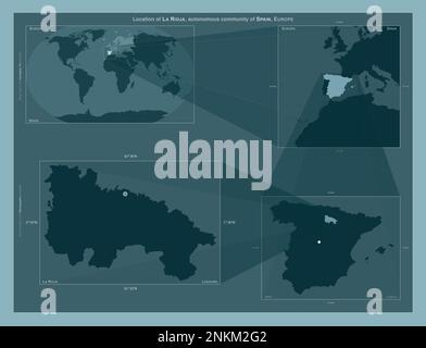 La Rioja, comunità autonoma della Spagna. Diagramma che mostra la posizione della regione su mappe in scala più grande. Composizione di fotogrammi vettoriali e forme PNG Foto Stock