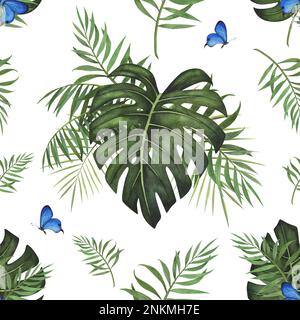 Foglia tropicale senza cuciture Monstera e acquerello farfalla isolato su sfondo bianco. Acquerello Llustrazione botanica disegnata a mano per design pa Foto Stock