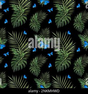 Senza cuciture motivo tropicale foglia Monstera, dattero palma e farfalla acquerello isolato su sfondo bianco. Acquerello disegno a mano di Llustrazione botanica fo Foto Stock