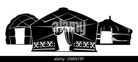 Yurt in tundra. Design di silhouette. Dimora di popolazioni nomadi settentrionali nell'Artico. Da feltro e pelli. Isolato su sfondo bianco. Illustrazione Illustrazione Vettoriale