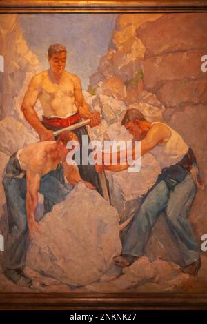 Inghilterra, Dorset, Dorchester, Dorset Museum, Pittura intitolata 'Dorset quarrymen, Three Workers' di Alfred Palmer datata 1940 Foto Stock