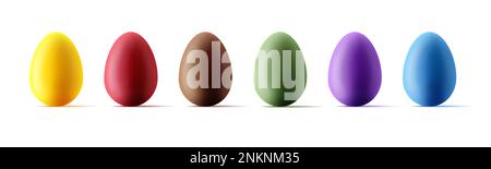 Impostare le uova di pasqua con effetto realistico su sfondo bianco, forme colorate 3D, lucido isolato Illustrazione Vettoriale