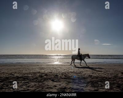 Una donna in passeggiate a cavallo lungo la spiaggia vicino a Nosara in Costa Rica Foto Stock