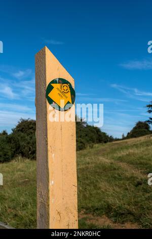 Percorso permissivo in legno dipinto di giallo, Leicestershire percorso rotondo posta marcatore contro il cielo blu con frecce di direzione, Leicestershire, Inghilterra, Regno Unito Foto Stock