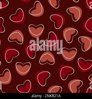 Pattern cardiaco senza cuciture. Sfondo romantico in colori rosso scuro. Cuori cadenti rossi e rosa con contorno bianco Foto Stock