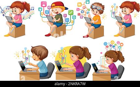 Cartoon ragazzi che utilizzano i notebook per l'illustrazione dell'apprendimento online Illustrazione Vettoriale