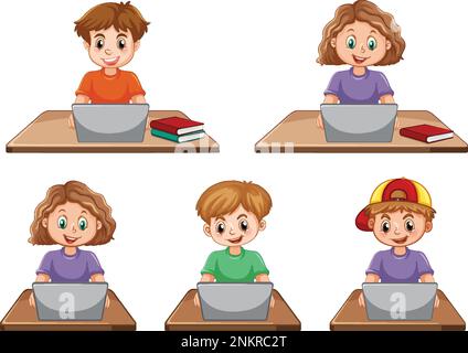 Cartoon ragazzi che utilizzano i notebook per l'illustrazione dell'apprendimento online Illustrazione Vettoriale