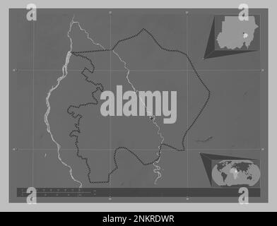 Al Jazirah, stato del Sudan. Mappa in scala di grigi con laghi e fiumi. Mappe delle posizioni ausiliarie degli angoli Foto Stock