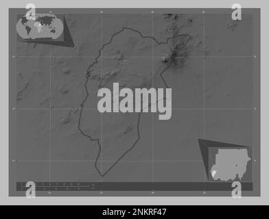 Darfur centrale, stato del Sudan. Mappa in scala di grigi con laghi e fiumi. Mappe delle posizioni ausiliarie degli angoli Foto Stock