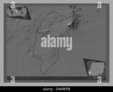 Darfur centrale, stato del Sudan. Mappa altimetrica bilivello con laghi e fiumi. Località e nomi delle principali città della regione. Posizione ausiliaria d'angolo Foto Stock