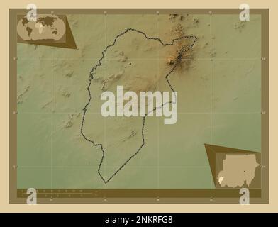 Darfur centrale, stato del Sudan. Mappa di altitudine colorata con laghi e fiumi. Mappe delle posizioni ausiliarie degli angoli Foto Stock