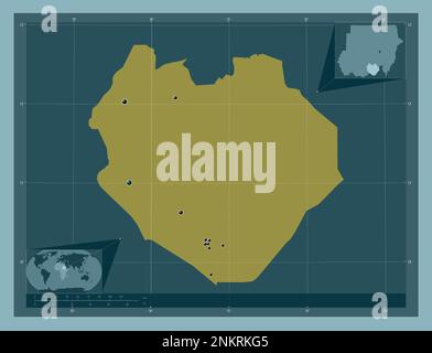 Kurdufan del Sud, stato del Sudan. Forma a tinta unita. Posizioni delle principali città della regione. Mappe delle posizioni ausiliarie degli angoli Foto Stock