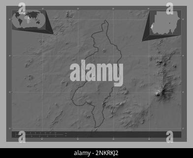 Darfur occidentale, stato del Sudan. Mappa altimetrica bilivello con laghi e fiumi. Mappe delle posizioni ausiliarie degli angoli Foto Stock