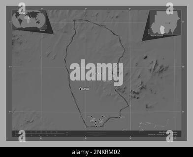 West Kurdufan, stato del Sudan. Mappa altimetrica bilivello con laghi e fiumi. Località e nomi delle principali città della regione. Posizione ausiliaria d'angolo Foto Stock