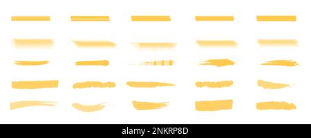 Tratto evidenziatore giallo. Pennellata di vernice. Sbavature di grunge. Pennarello mano nota. Linee tracciafile con tracciafile cerchiati. Evidenziazione del testo. Segni della carta. Matita und Illustrazione Vettoriale
