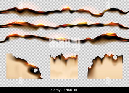 Masterizzazione della carta. Pezzi carbonizzati. Pergamena sporca e grunge rotta. Bordi neri bruciati. Pagine invecchiate. Fogli in fiamma. Cenere per danni da sbavatura. Strappato grossolano Illustrazione Vettoriale
