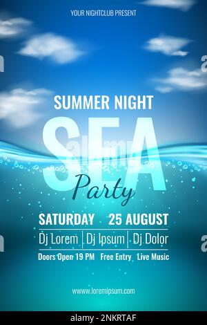 Banner festa estiva. Mare onde e cielo. Poster di invito per le vacanze sull'oceano. 3D acqua profonda. Invitante volantino per un viaggio in spiaggia. DJ musica in club o po Illustrazione Vettoriale