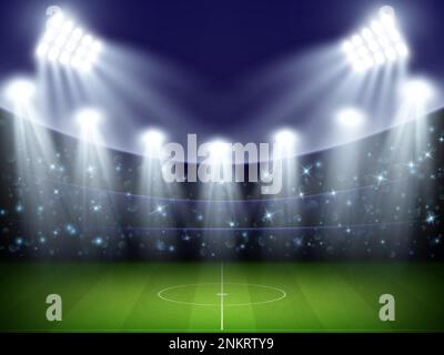 Stadio di calcio. Campo da calcio con proiettori di illuminazione. Coppa del mondo di notte arena. Edificio sul campo verde. Raggi di luce. Partita di campionato. Bokeh Illustrazione Vettoriale