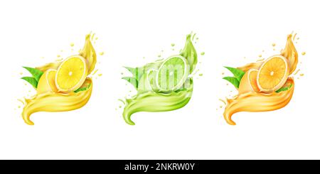 Succo di agrumi. Arancia fresca, limone e lime. Frutta verde e gialla, fetta succosa e bevanda liquida in movimento, natura estate cibi acidi sani. 3 Illustrazione Vettoriale
