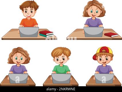 Cartoon ragazzi che utilizzano i notebook per l'illustrazione dell'apprendimento online Illustrazione Vettoriale