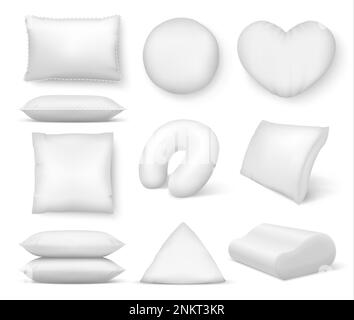 Cuscino bianco realistico. Cuscino quadrato e confortevole, morbidi cuscini tondi vuoti per dormire e riposare. Vector 3D cuscini isolati su bianco Foto Stock