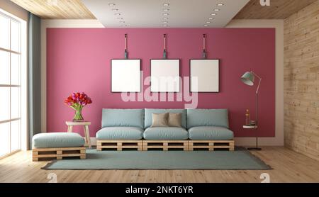 Soggiorno con pareti in legno, divano pallet e parete magenta sullo sfondo -3D render Foto Stock