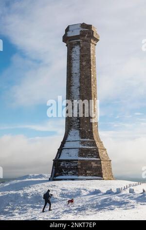 Inghilterra, Dorset, Thomas Hardy Monument in the Snow Foto Stock