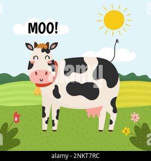 La mucca va moo stampa. Carino carattere fattoria su un pascolo verde Illustrazione Vettoriale