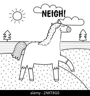 Un cavallo che dice neigh stampa in bianco e nero. Pagina da colorare con carino carattere fattoria Illustrazione Vettoriale