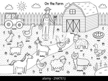 Sulla fattoria in bianco e nero poster con gli animali carini e i loro nomi. Pagina di colorazione didattica Illustrazione Vettoriale