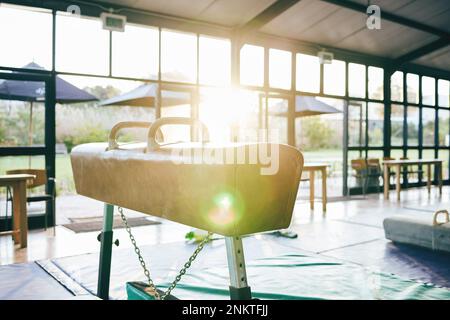 Ginnastica cavallo pommel in palestra, esercizi e flare lente, attrezzature fitness e allenamento per competizioni sportive. Attrezzature sportive per testare l'atleta Foto Stock