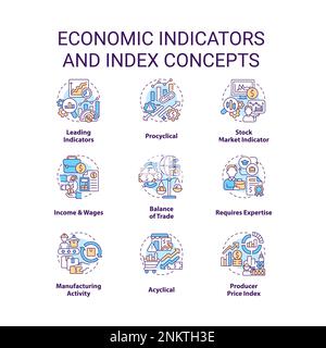 Indicatori economici e icone di concetto di indice impostati Illustrazione Vettoriale