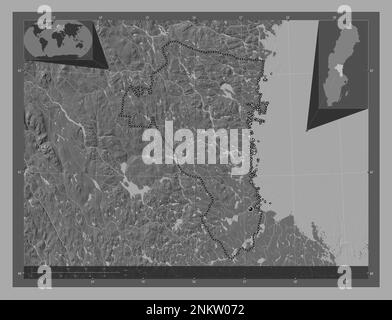 Gavleborg, contea della Svezia. Mappa altimetrica bilivello con laghi e fiumi. Mappe delle posizioni ausiliarie degli angoli Foto Stock