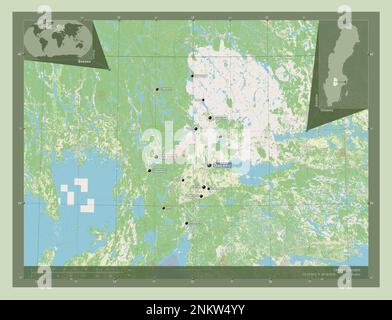 Orebro, contea di Svezia. Aprire la mappa stradale. Località e nomi delle principali città della regione. Mappe delle posizioni ausiliarie degli angoli Foto Stock