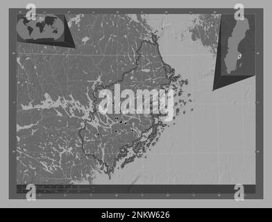 Stoccolma, contea della Svezia. Mappa altimetrica bilivello con laghi e fiumi. Posizioni delle principali città della regione. Mappe delle posizioni ausiliarie degli angoli Foto Stock