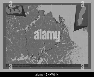 Uppsala, contea della Svezia. Mappa altimetrica bilivello con laghi e fiumi. Mappe delle posizioni ausiliarie degli angoli Foto Stock